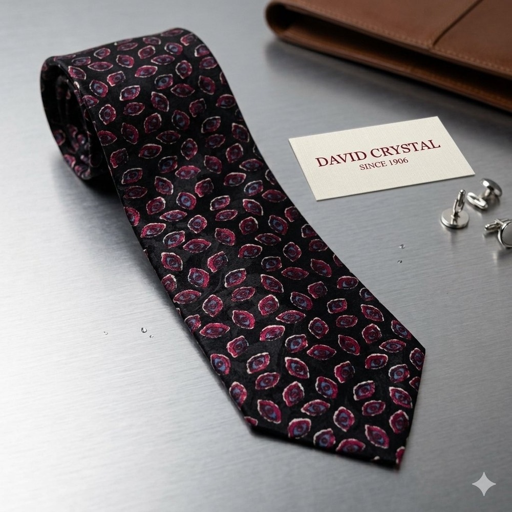 David Crystal Tie Black Fuchsia Blue Retro Geometric Eye Pattern Poly 70s Vtg.